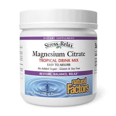 Stress-Relax Magnesium Citrate Drink Mix by Natural Factors, Restores Normal Levels of Magnesium & Balances Calcium Intake, Non-GMO, Tropical Flavor, 8.8 oz (75 servings)