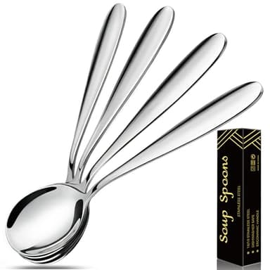 IFERRENS 18/10 Stainless Steel Soup Spoons, 7.3-in Deep Heavy Weight Round Soup Thick Spoons, Suitable for Cereal Bouillon Milk Soup Hot Chocolate Dinner Guest, Pack of 4
