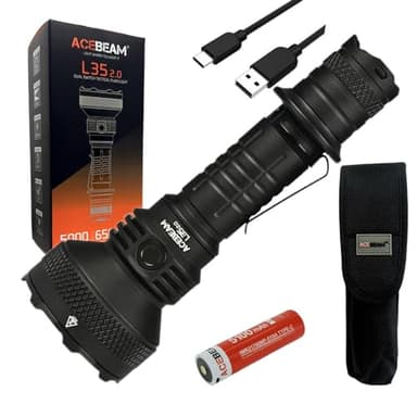 Acebeam L35 2.0 Flashlight Black C-ree XHP70.3 HI LED w/Battery and Eco Sensa USB C Charging Cable Included, acebeam-l3520-black