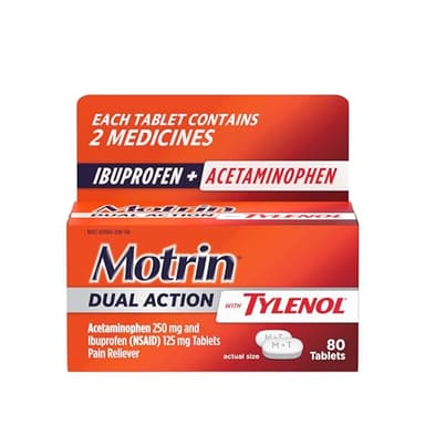Motrin Dual Action with Tylenol, Fast-Acting Dual Action Pain Reliever with Ibuprofen & Acetaminophen for Minor Aches & Pains, Ibuprofen (NSAID) 125 mg & Acetaminophen 250 mg, 80 ct