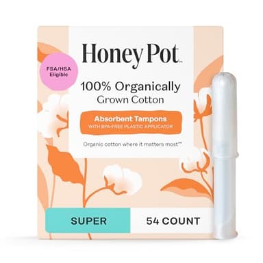 The Honey Pot Company - Super Absorbency - 100% Organic Cotton Core Tampons w/Bio Plastic Applicator - Feminine Care – Unscented - 54 Count (3 Packs of 18)