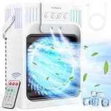 FZBPI Portable Air Conditioner Cooling Fan with Remote, Quiet with 3 Speeds, 1200ml Evaporative Personal Air Cooler Fan with 3 Mist, 7 Night Light, 8H Timer, Small Air Conditioner for Bedroom Office