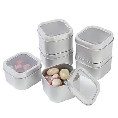LJY Empty 8-Ounce Capacity Square Silver Metal Tins with Clear Window for Candle Making, Candies, Gifts & Treasures (6 Pack) (Silver, 2.95"x2.95"x1.89")