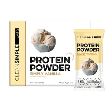 Clean Simple Eats Whey Protein Powder, Simply Vanilla Flavor Naturally Sweetened, 100% Grass Fed Protein Powder with Digestive Enzymes & No Artificial Ingredients, Gluten Free, 10 Stick Packs