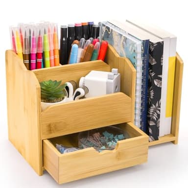 ZAVOOS Bamboo Desk Organizer, Multi Use Tabletop Storage Office Supplies with Drawer Pen Holder, 5 Compartments Heavy Duty Desk Accessories for Home Office Organization, No Assembly Required