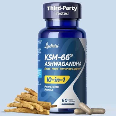 LincNutri KSM-66 Ashwagandha Supplements, Ashwagandha Root Extract for Women & Men, 10-in-1 Adaptogen Complex for Cortisol Manager, Stress, Energy & Immune Support, 60 Vegan Capsules