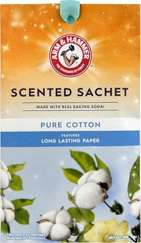 ARM & HAMMER 3 Pack Scented Sachets for Drawers & Closet with Hanging Ribbon, Real Baking Soda (Pure Cotton)