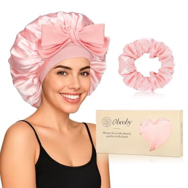 Double-Layer Satin Silk Sleep Bonnet for Women with Adjustable Tie Band - Hair Protection for Curly Natural Wavy Hair - Includes 1 Free Silk Hair Scrunchies, Pink Birthday Mothers Day Gifts