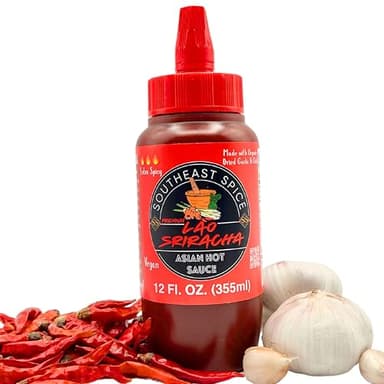 SOUTHEAST SPICE ORGANIC HOT SAUCE - Original Lao Sriracha, bottle red chili sweet garlic pepper siracha, extra Asian sauces, vegan premium natural ingredients, for ramen hamburgers hotdogs (12 Fluid Ounce)