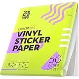 Premium Printable Vinyl Sticker Paper for Inkjet Printer and Laser - 50 White Matte Sticker Paper Waterproof - Durability Adhesive Paper 8.5 x 11, Fast Dry, Holds Ink Well, Great for Cutting Machines