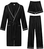 SWOMOG Men's 3-PCS Luxurious Kimono Soft Satin Robe Set with Shorts&Pants Long-Sleeve Bathrobes Pajamas