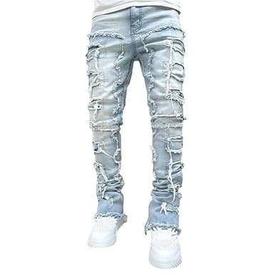 Stacked Jeans Men Skinny Ripped Jeans Slim Fit Denim Pants Y2K Goth Harajuku Emo Jeans Trouser (US, Alpha, Small, Regular, Regular, B01-01)