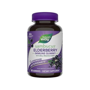 Nature’s Way Sambucus Elderberry Immune Gummies, Daily Immune Support for Kids and Adults*, with Vitamin C, Vitamin D3, Zinc, Gluten Free, Vegetarian, 60 Gummies (Packaging May Vary)