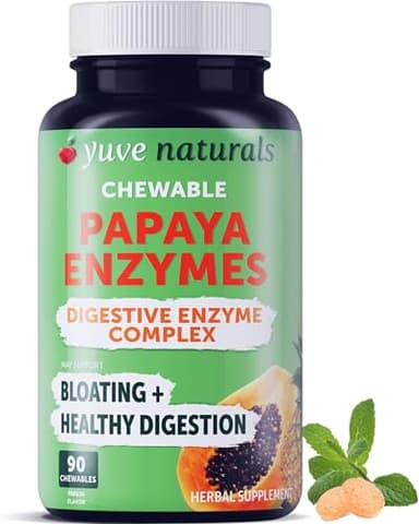 Yuve Naturals Chewable Papaya Enzymes - Sugar-Free Plant-Based Digestive Enzyme Complex for Gas, Bloating & Post-Meal Comfort - Vegan, Non-GMO, Gluten-Free - 90ct