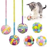 Retro Shaw Cat Toy Ball 6 Pcs,Yarn Cat Balls with Bells Inside,Interactive Indoor Kitten Toy,Fuzzy Kitty Toy Ball on String,Kitten Chew Toys Teething