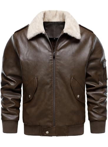 HOOD CREW Men’s Faux Leather Aviator Bomber Jacket with Fur Collar Warm Fleece Lined Biker Jackets Vintage Winter Coats Dark Brown XL