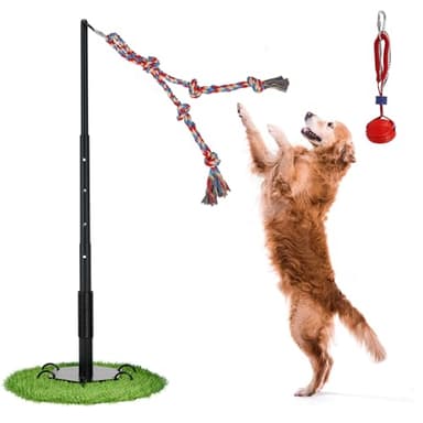 Outdoor Tug of War Dog Toy, Tether Interactive Dog Tug Toy Backyard Heavy-Duty Dog Solo Play Exercise Toy for Large Medium Dogs, Height Adjustable, 2 Rope Toys
