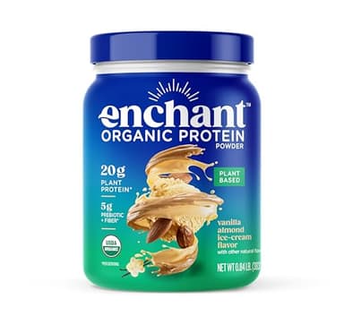 Enchant Organic Protein Powder, Vanilla Almond flavor – 20g Plant Protein sourced from North American Farms, 5g Prebiotic + fiber, USDA Organic, Non-GMO, Plant-based, Non-Dairy, Vegan, 0.84 lb