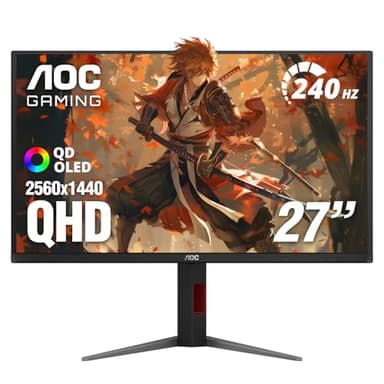 AOC 27 Inch OLED Gaming Monitor (QD-OLED), 1440p QHD 2560x1440, 240Hz, 0.03ms, HDMI 2.1, G-SYNC Compatible, HDR True Black, Height Adjustable Stand, USB Hub, Q27GAZDV