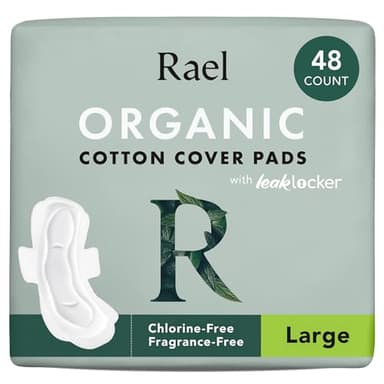 Rael Pads for Women, Organic Cotton Cover - Period Pads with Wings, Feminine Care, Sanitary Napkins, Heavy Absorbency, Unscented (Large, 48 Count)