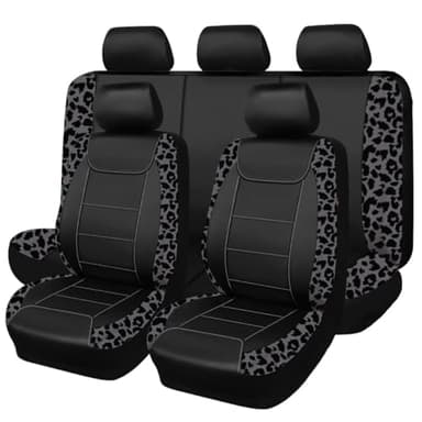 Flying Banner Carbon Fiber Leather Vehicle Seat Covers, Leopard Gray Black, Universal Fit - 8PCS