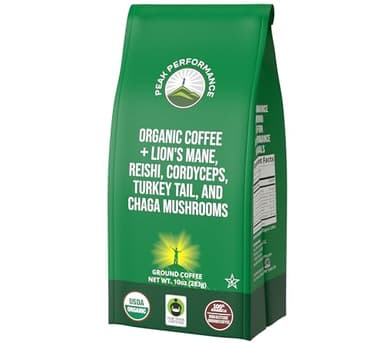 Organic Low Acid Mushroom Coffee with Lion's Mane, Reishi, Cordyceps, Turkey Tail, and Chaga Mushrooms - Great Tasting Premium High Altitude Medium Roast Ground Bags 10 oz by Peak Performance