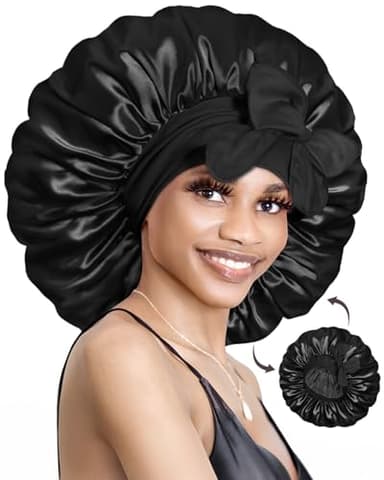 BONNET QUEEN Silk Bonnet for Sleeping Satin Bonnet with Tie Hair Wrap Double Layer Sleep Cap for Women Curly Hair, Black