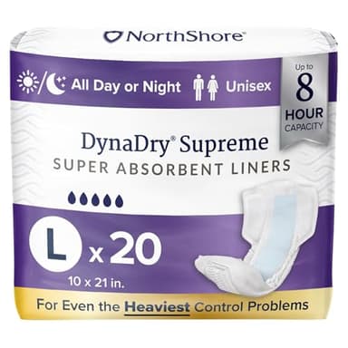 NorthShore DynaDry Supreme Liners Incontinence for Women and Men, Large, Pack/20
