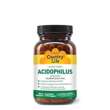 Country Life Acidophilus Probiotic Supplement for Women & Men - Free from Common Allergens - 2.4 Billion CFUs to Support Digestive Health - Dairy-Free, Non-GMO, 100 Vegan Capsules