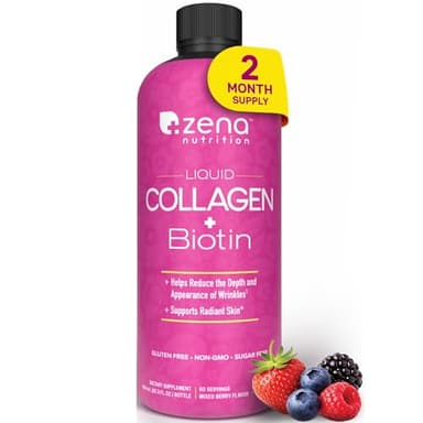 Zena Nutrition Liquid Collagen Peptides and Biotin, 2500mg Verisol Bioactive Collagen Peptides, 5000mcg Biotin, Hair, Skin, Nail Supplement for Women and Men, Mixed Berry, 60 Servings, 20 fl oz
