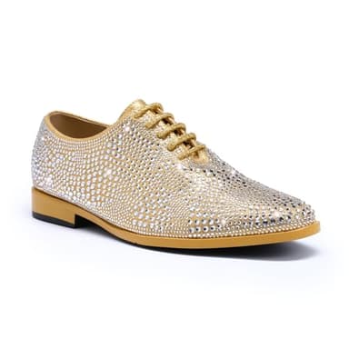 AUSTIN MILL Mens Rhinestone Designer Oxford Suede Non Slip Lace up Dress Shoes Wedding Party Prom Shoe Gold