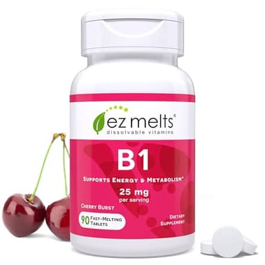 EZ Melts Dissolvable Vitamin B1 25 mg - Thiamin Supplement for Energy, Stress & Cellular Support - No Artificial Flavors - Non-GMO & Vegan - Cherry Burst - 90 Dissolvable Tablets (45 Servings)