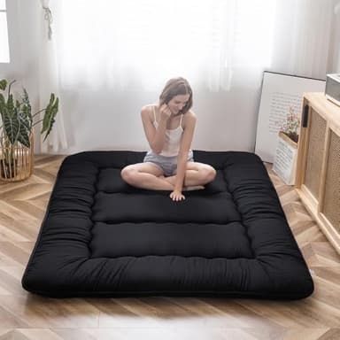 MAXYOYO Japanese Floor Mattress Futon Mattress, 4" Thicken Tatami Mat Sleeping Pad Foldable Roll Up Mat Boys Girls Dormitory Pad Kids Floor Lounger Pillow Bed, Black, Twin Size