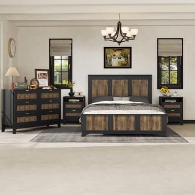 SOFTSEA Farmhouse 4 Piece Queen Size Bedroom Set with Dresser Night Stand, 2 Nightstands and Dresser, 4 Piece Bedroom Furniture Set, Black