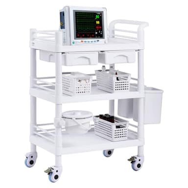 VEVOR Medical Mobile Trolley Cart with 2 Drawers & 3 Trash Cans, 3 Tiers Beauty Salon Rolling Trolley with 4 Silent Wheels & 2 Dirts Bucket & Bowl, Medical Utility Cart for Hospital Dental Clinic Lab