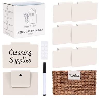 Hygge & Sage: Metal Non-Slip Basket Labels Clip On for Storage Bins, or Wire Racks | Includes 8 Labels, 8 Non-Slip Pads, and 1 Free Marker (Cream)