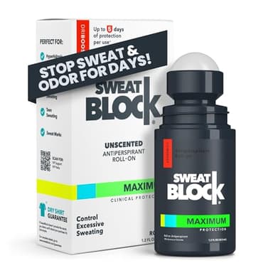 SweatBlock Maximum Strength Roll-On Antiperspirant for Men and Women 1.2 FL OZ Hyperhidrosis and Odor Control Formula Blocks Excessive Sweat for Days Per Application Dermatologist Recommended Solution