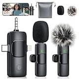 MENERESAS Mini Microphone, 3 in 1 Wireless Lavalier Microphones for iPhone, iPad, Camera and Android Devices, Noise Reduction Lapel Mic, Clip on Mic for Video Recording Vlog, YouTube, Interview