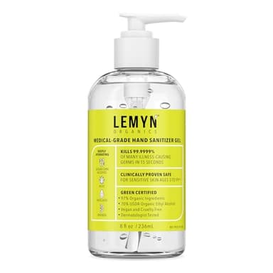 Lemyn Organics Medical‑Grade Hand Sanitizer Gel – 97 % Organic | 70 % USP Ethyl Alcohol | Moisturizing Aloe + Hyaluronic Acid | Freshly Made in USA | 8oz Bottle with Pump