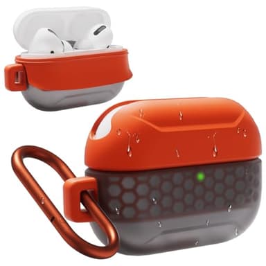 KINOVEX Waterproof Case for AirPods Pro and AirPods Pro 2 Wireless and USB-C Charging Compatible, One Piece Design, High Drop Protection Case with Carabiner (Orange+Grey)