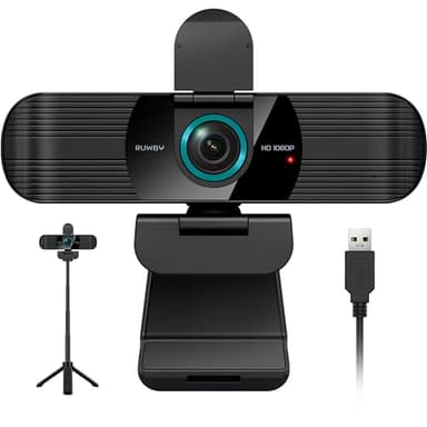 RUWBY Full HD 1080P Webcam with Built-in Dual Mics, Wide-Angle Lens, Privacy Cover, Tripod Stand, Autofocus Computer Camera, Plug and Play for Desktop PC or Laptop