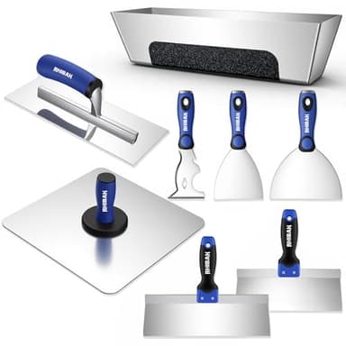 Rhibak Drywall Hand Tools Kit, Putty Knife Set with Aluminum Hawk, Mud Pan, Flat Finishing Trowel, Multi-Fuctional Paniter Scraper