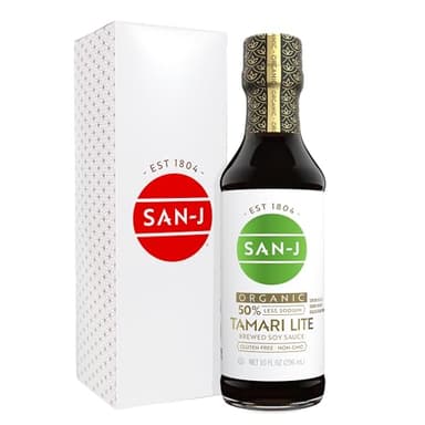 San-J - Organic Gluten Free Tamari Soy Sauce with 50% Less Sodium - Made with 100% Whole Soy - Specially Brewed - 10 oz. Bottle