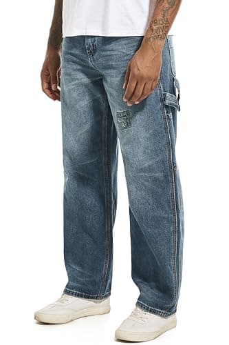 MZNBURAM Men's Non-Stretch Loose Fit Wide-Leg Baggy Jeans Pants (36, B#Navy Blue)