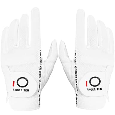 FINGER TEN Premium Rain Grip Men's Golf Gloves 1 Pair, Hot Wet Weather No Sweat Glove for Serious Feel & Performance, Left Right Hand Black Gray White Blue Fit Size S M L XL 2XL 3XL (White, Large)