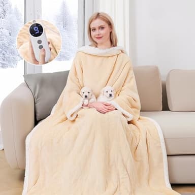 Yokimisu Wearable Heated Blanket with Sleeves, Electric Heated Robe with Foot Pockets, Electric Snuggie for Women, 9 Heating Levels & 2-10 Hours Timer, 50"x70" (Light Yellow)