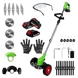 Electric Weed Wacker Cordless Eater 3 Battery, Foldable and Lightweight Grass Trimmer/Brush Cutter,5 Types Blade&Wheels 21V 2.0Ah Battery (3 Pieces) Powered for Garden and Yard (Non-Foldable)