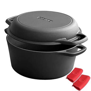 EDGING CASTING 2-in-1 Pre-Seasoned Cast Iron Dutch Oven Pot with Skillet Lid Cooking Pan, Cast Iron Skillet Cookware Pan Set with Dual Handles, Indoor Outdoor for Bread/Frying/Baking/Camping/BBQ, 5 Qt