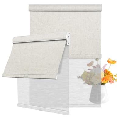 BERISSA Cordless Dual Roller Shades with Cassette Valance,Double Window Shades Blackout and Light Filtering Blinds,Day and Night Blinds for Home Office.Linen Beige & See-Through White.Custom Size
