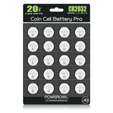 POWEROWL High Capacity CR2032 Battery (20-Pack) 3v Lithium Batteries, Leak-Free, Long Lasting Cr 2032
